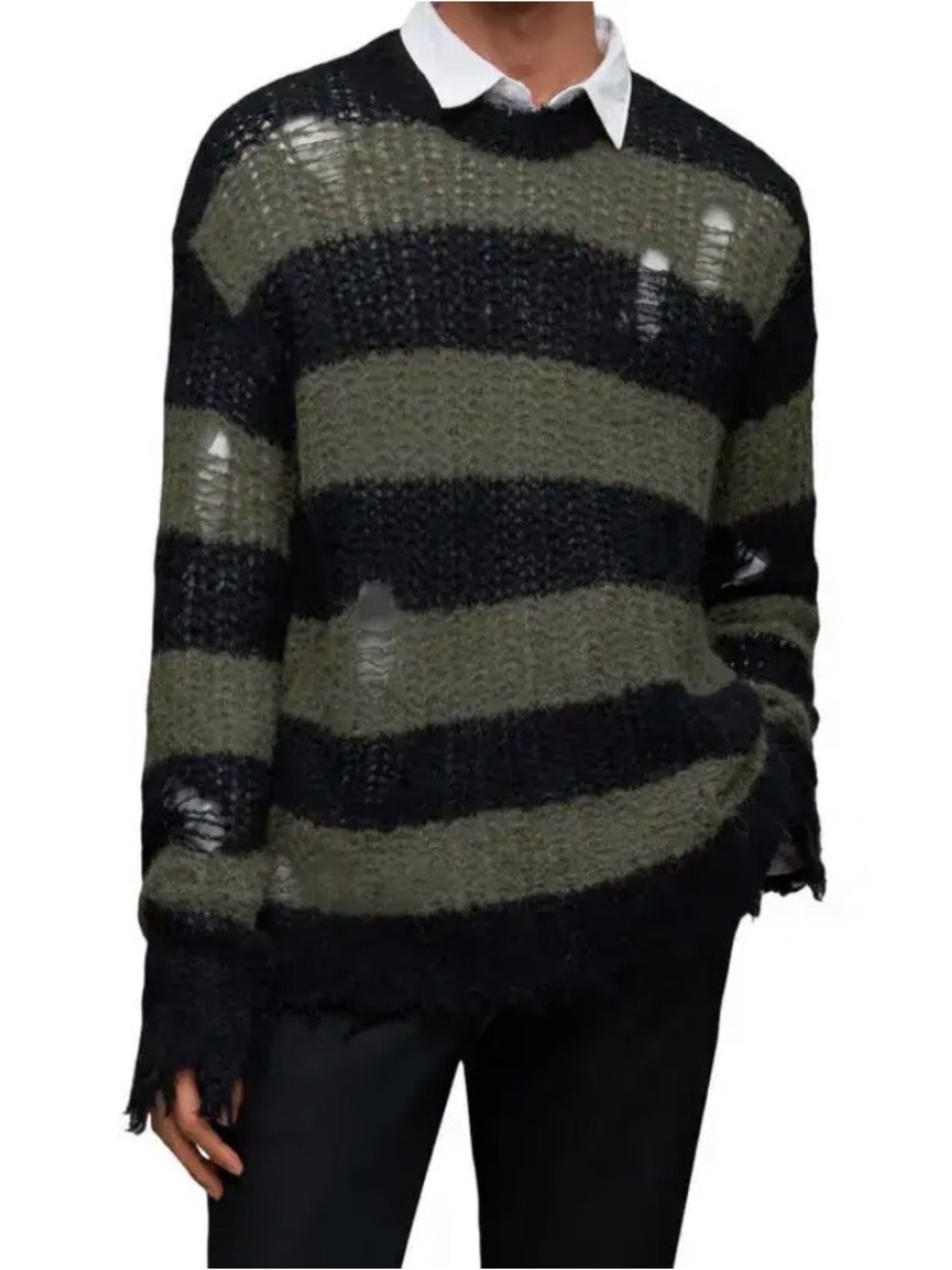 AllSaints Olive & Black Striped Distressed Crewneck Sweater
